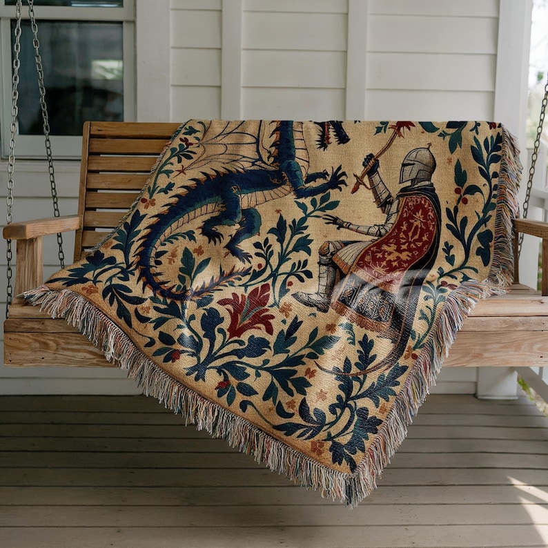Medieval Knight and Dragon Tapestry Blanket, Cozy Woven Throw for Home Decor, Unique Medieval Theme Blanket for Couch or Bed