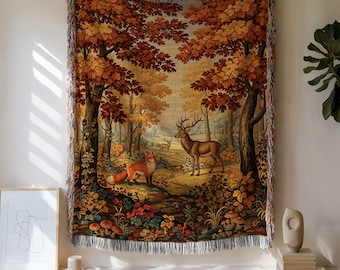 Forest Woven Cotton Blanket: Cottagecore Tapestry Wall Hanging, Rustic Cabin Throw