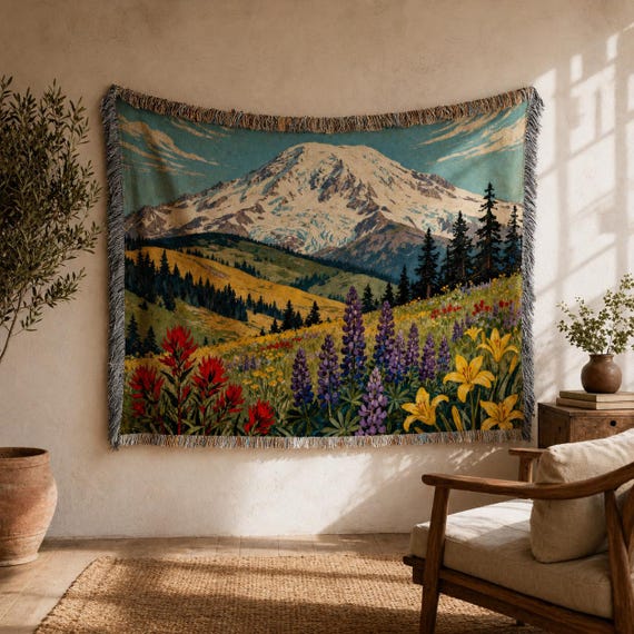 Mount Rainier Woven Blanket: PNW Mountain Landscape Tapestry - Etsy
