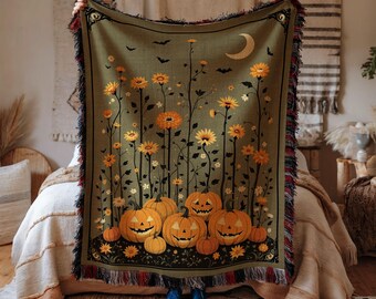 Halloween Woven Cotton Blanket: Pumpkin Patch, Bats & Moon - Fall Decor