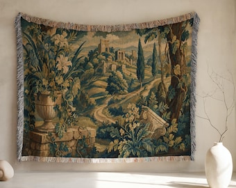 Tapiz tejido de castillo para colgar en la pared, manta tejida Grandmillennial, decoración medieval