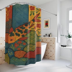 Koi Fish Shower Curtains, Japanese Art Bathroom Decor, Colorful Pop Art Home Accessories, Unique Bath Curtain, Fish Lover Gift