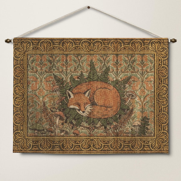 Woven Fox Tapestry Wall Hanging, Cottagecore Animal Decor