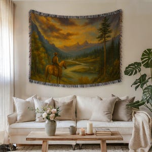 Cowboy Woven Blanket, Western Tapestry Throw, Rustic Home Decor, Mountain Scene, Gift for Him, Ranch Style Blanket, Jacquard Blanket