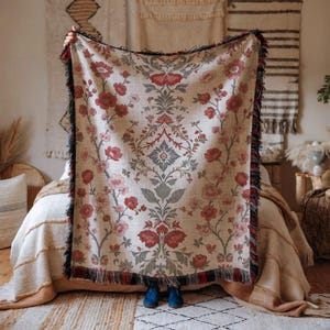 Floral Cotton Woven Blanket: Cottagecore Boho Throw Blanket