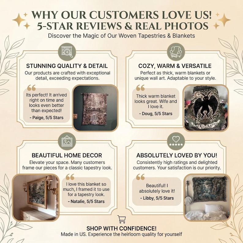 May include: An advertisement for woven tapestries and blankets. The image features customer reviews and product details. Text includes "Why Our Customers Love Us!" and "5-Star Reviews & Real Photos". The ad highlights quality, versatility, and home decor.