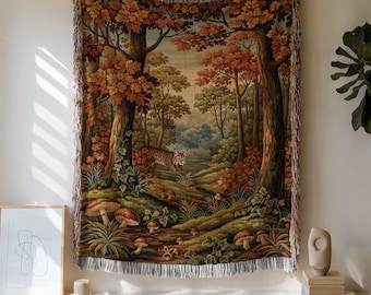 Forest Lynx Woven Blanket | Rustic Cabin Lodge Tapestry | Woodland Fall Decor Throw Blanket