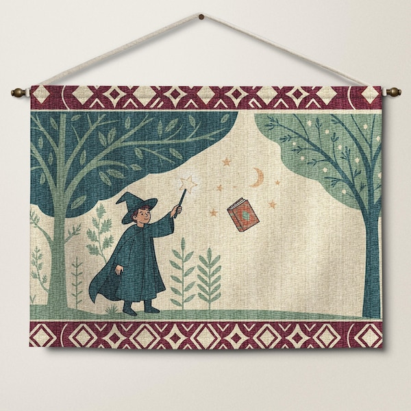 Woven Wizard Nursery Tapestry, Magical Fantasy Kids Room Wall Art, Storybook Decor