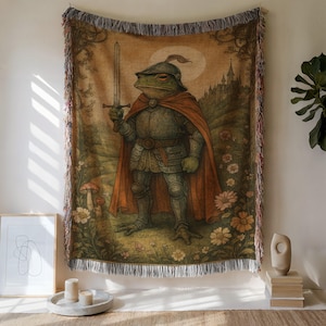 Manta tejida Frog Knight: tapiz caprichoso de estilo cottagecore