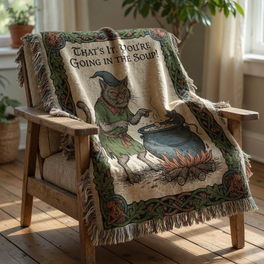 You're Going in Soup Woven Blanket | Wizard Cat Medieval Fantasy