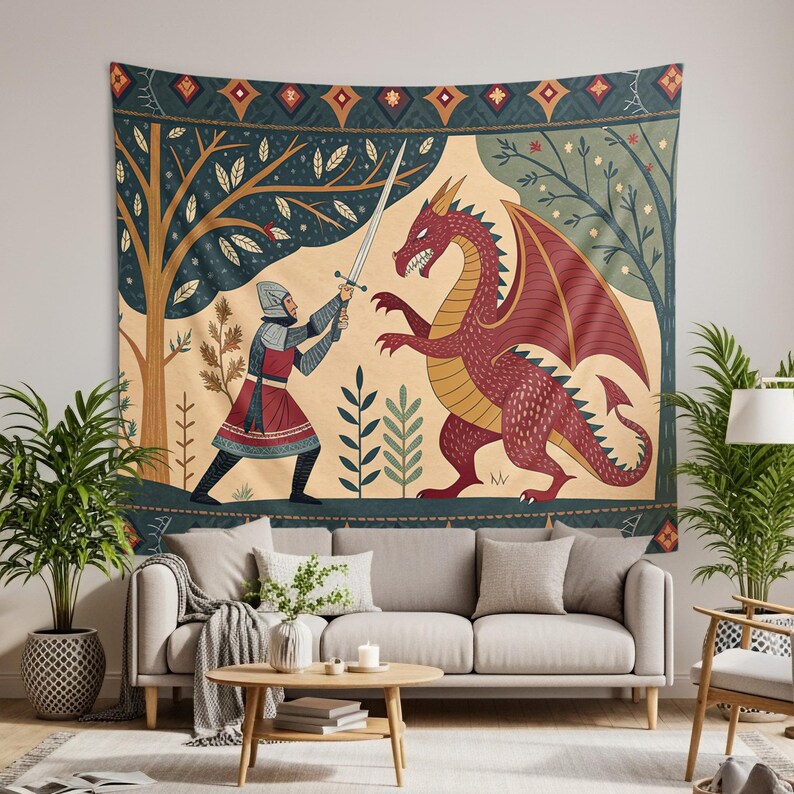 Dragon Slayer Wall Tapestry: Medieval Knight Fantasy Art - Etsy Sweden