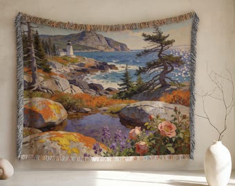 Geweven katoenen deken vuurtoren, wandtapijt kustzeegezicht