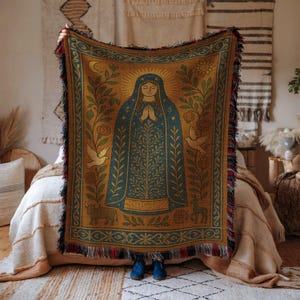 Virgin Mary Cotton Woven Blanket, Religious Tapestry Throw, Catholic Blanket, Boho Home Decor, Mary Artwork Blanket, Christian Mary Blanket