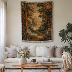 French Verdure Tapestry Throw Blanket: Antique Woven Forest Decor