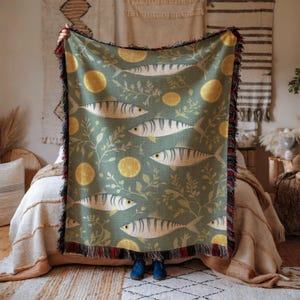 Lemon Fish Woven Blanket: Coastal Kitchen Tapestry, Cotton Throw