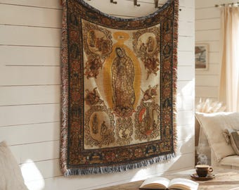 Our Lady of Guadalupe Woven Cotton Blanket: Catholic Jacquard Tapestry, Religious Wall Hanging