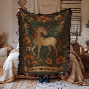 Personalized Unicorn Cotton Woven Blanket, Custom Name Book Nook Blanket, Magical Unicorn Gift, Fantasy Castle Decor Cotton Woven Blanket