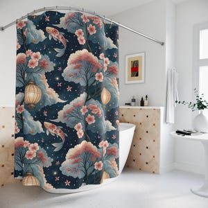 Koi Fish Shower Curtains, Japanese Decor Bathroom Curtain, Asian Home Decor, Oriental Bath Decoration, Traditional Fish Design Washroom