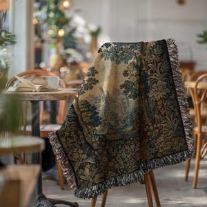Woven tapestry throw blanket, vintage castle and forest design, boho living room decor, unique sofa cover, cozy reading nook accessory