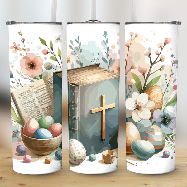 20oz Tumbler Wrap Easter Design, Christian Theme Sublimation, Digital Download, Floral Cross and Easter Eggs, Spring Tumbler Template PNG