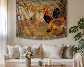 Rooster Woven Tapestry Blanket: Farmhouse Animal Wall Decor
