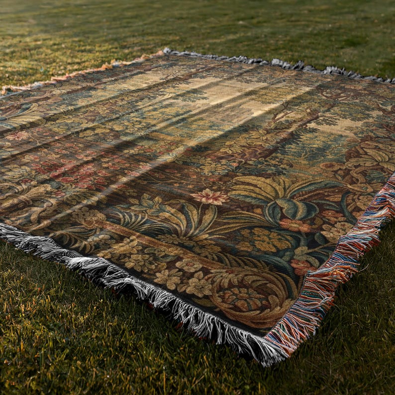 Vintage Floral Picnic Blanket, Boho Outdoor Throw Rug, Large Garden Beach Mat, Woven Earthy Tapestry, Bohemian Camping Decor