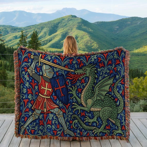 Knight and Dragon Woven Blanket: Medieval Jacquard Tapestry Throw