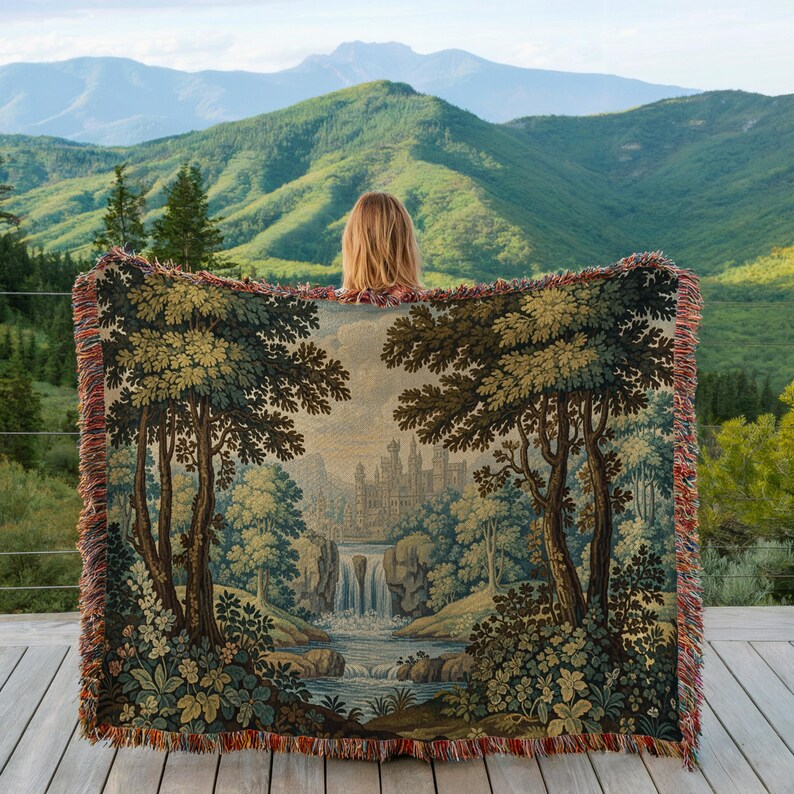 Vintage Castle Landscape Tapestry Throw, Rustic Nature Scene Woven Blanket, Cozy Bohemian Decor, Large Wall Hanging Textile