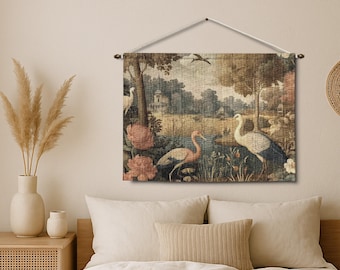 Vintage Crane Bird Woven Tapestry: Farmhouse Wall Art Decor