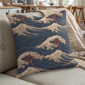 Japanese Wave Pillow: Ukiyo-e Art Accent Pillowcase