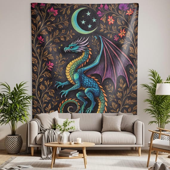 Dragon and Moon Tapestry: Gothic Floral Fantasy Wall Art