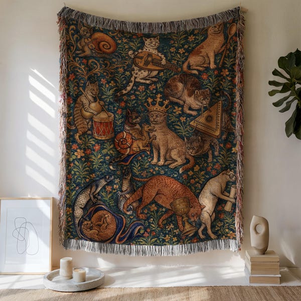 Tapeçaria medieval com gatos, manta artística renascentista.
