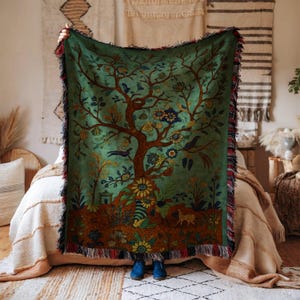 Couverture en coton arbre de vie, jeté de tapisserie tissée vert, art mural bohème rustique, décoration botanique pour la maison, cadeau de pendaison de crémaillère