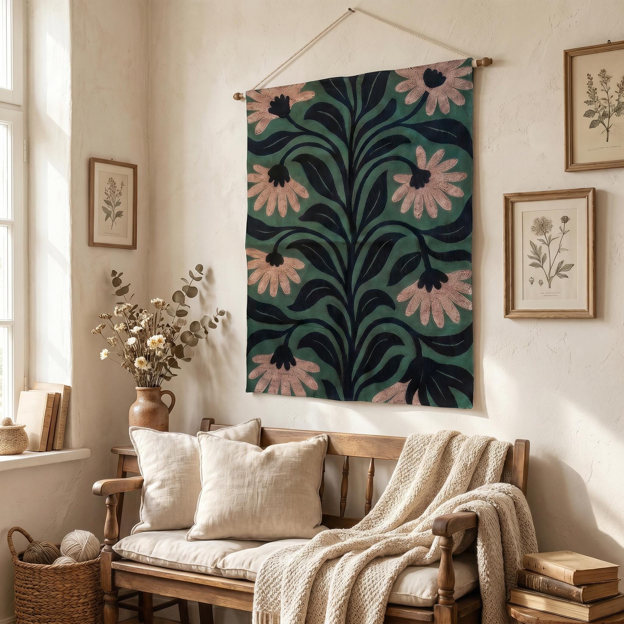 Floral Woven Tapestry: Retro 70s Flowers, Botanical Wall Decor - Etsy