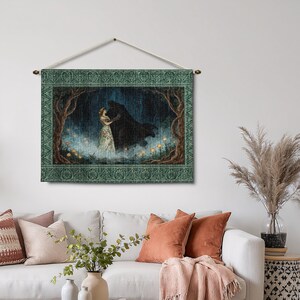 Romantic Woven Tapestry: Dark Fantasy, Floral Gown, Gothic Artwork