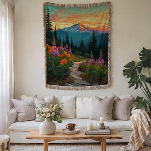 Mountain Landscape Woven Blanket: Rustic Floral Tapestry, Nature Wall Art