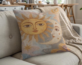 Celestial Sun and Moon Pillow: Bohemian Dorm Room Decor