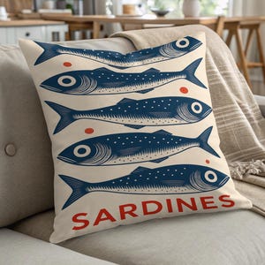 Sardines Pillow: Nautical Coastal Home Decor Accent