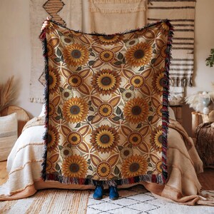 Sunflower Cotton Woven Blanket: Farmhouse Boho Throw