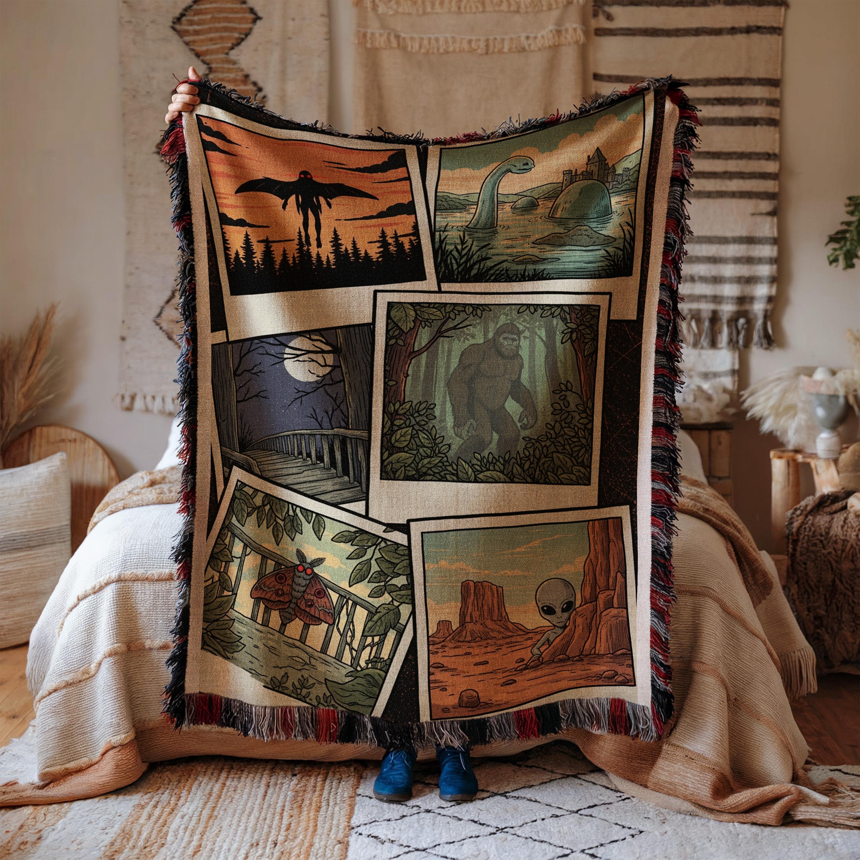 MWW 1993 Blanket ラグ Cryptid Woven Blanket: Mothman, Bigfoot, Loch Ness - Weirdcore