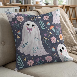 Cute Ghost Pillow, Halloween Decor, Spooky Season, Floral Ghost Throw Pillow, Unique Home Decor, Gift for Ghost Lovers