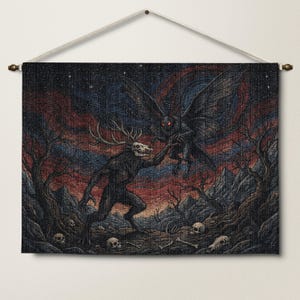 Gothic wall tapestry, fantasy creature art, dark forest decor, mythical beast poster, night sky illustration, horror-themed tapestry