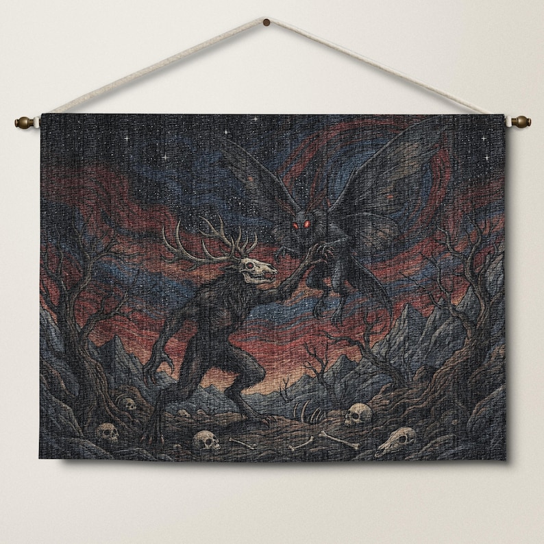 Gothic wall tapestry, fantasy creature art, dark forest decor, mythical beast poster, night sky illustration, horror-themed tapestry