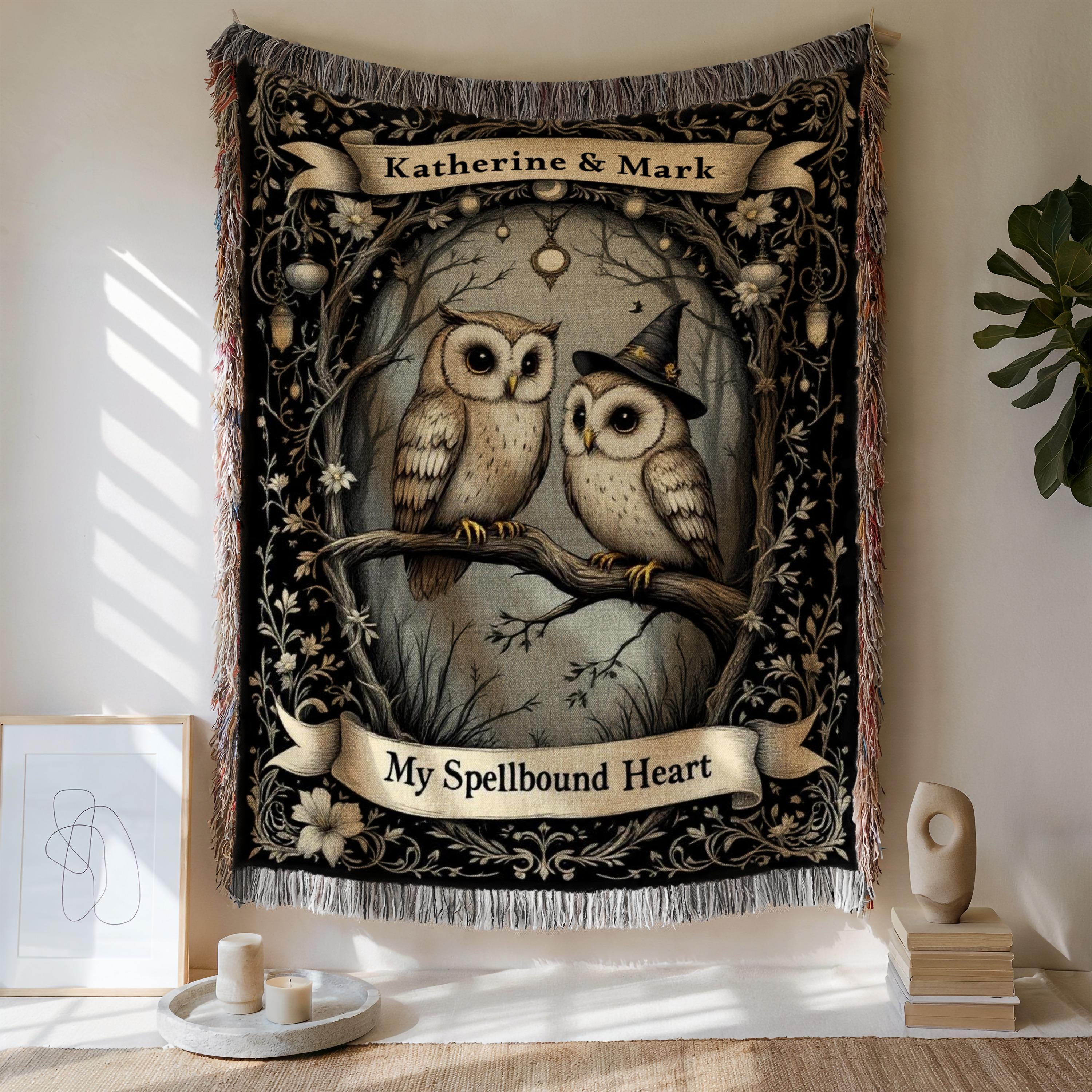 Woven Owl Couple Blanket: Personalized Cotton Tapestry with Fringe