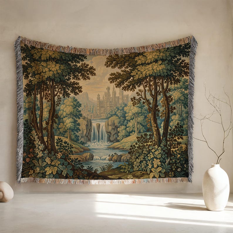 Tapestry Wall Hanging with Castle and Waterfall Scene, Forest Landscape Wall Art, Scenic Home Decor, Large Wall Tapestry