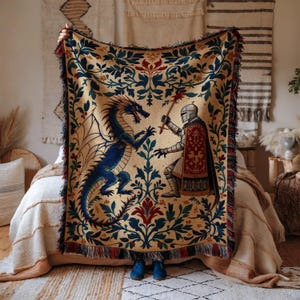 Dragon and Knight Tapestry, Medieval Fantasy Blanket, Unique Artwork Throw, Decorative Woven Wall Hanging, Mythical Creature Decor