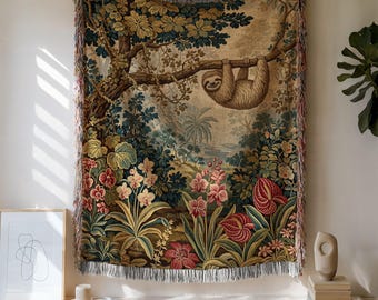 Sloth Woven Blanket: Tropical Jungle Tapestry, Nature-Inspired Home Decor