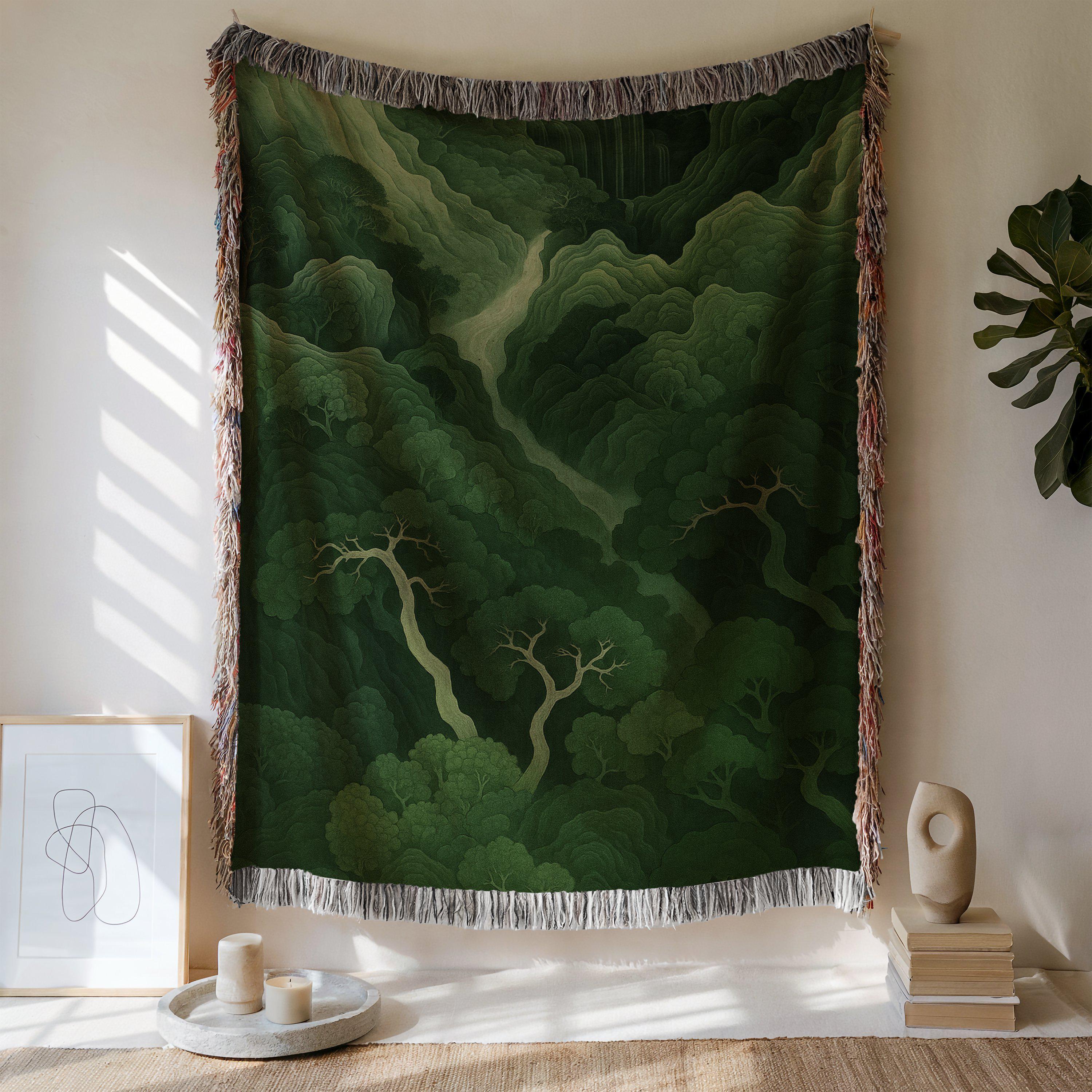 Green Verdure Cotton Woven Blanket, Forest Wall Hanging Tapestry