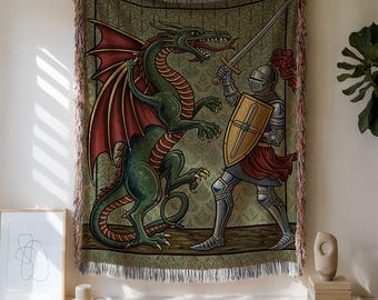 Knight and Dragon Woven Cotton Blanket: Medieval Tapestry , Castlecore Decor