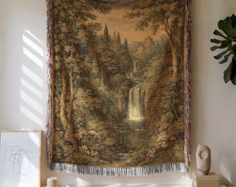 Verdure Castle Tapestry, Enchanted Waterfall Woven Throw Blanket, Vintage Forest Wall Hanging, Forest Tapestry, Waterfall Tapestry